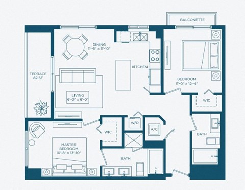 Floor plan for 2 beds, 2 baths, 1045 sqft